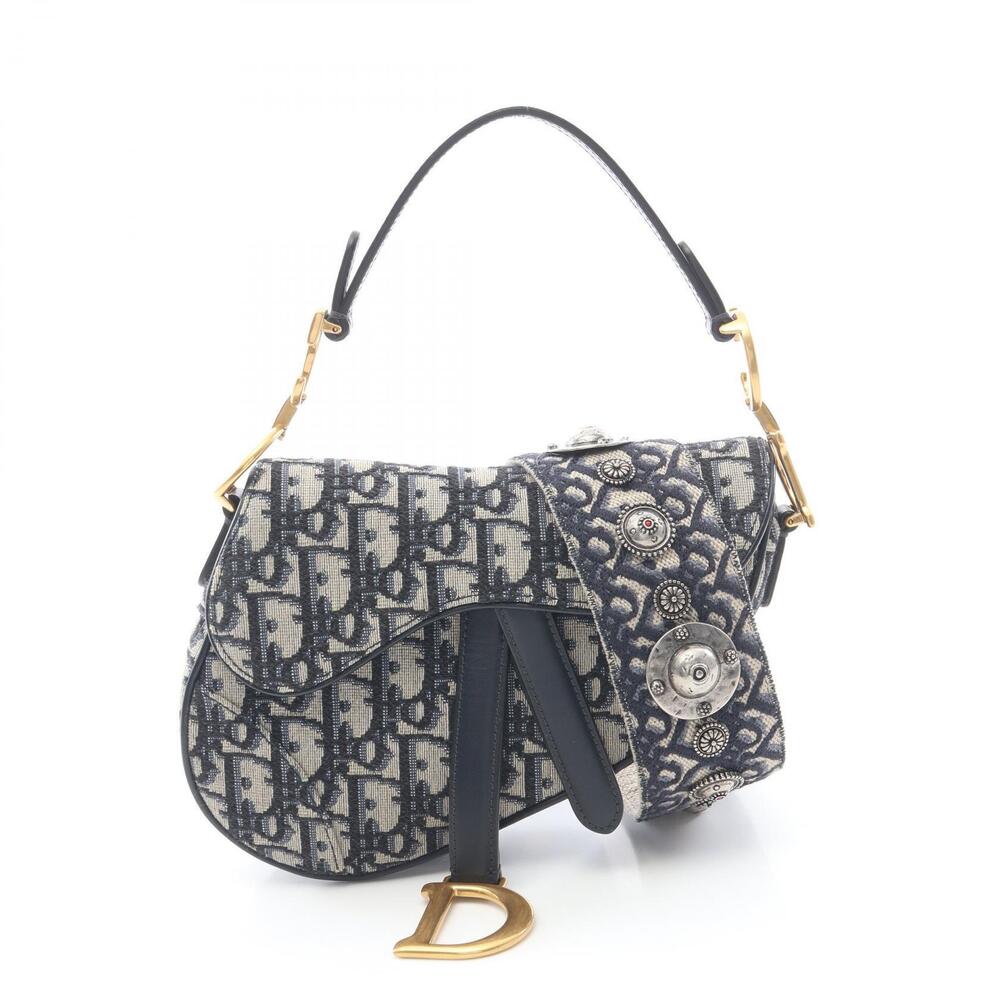 Christian Dior Saddle Bag Oblique Jacquard Handbag Canvas Leather Beige Navy